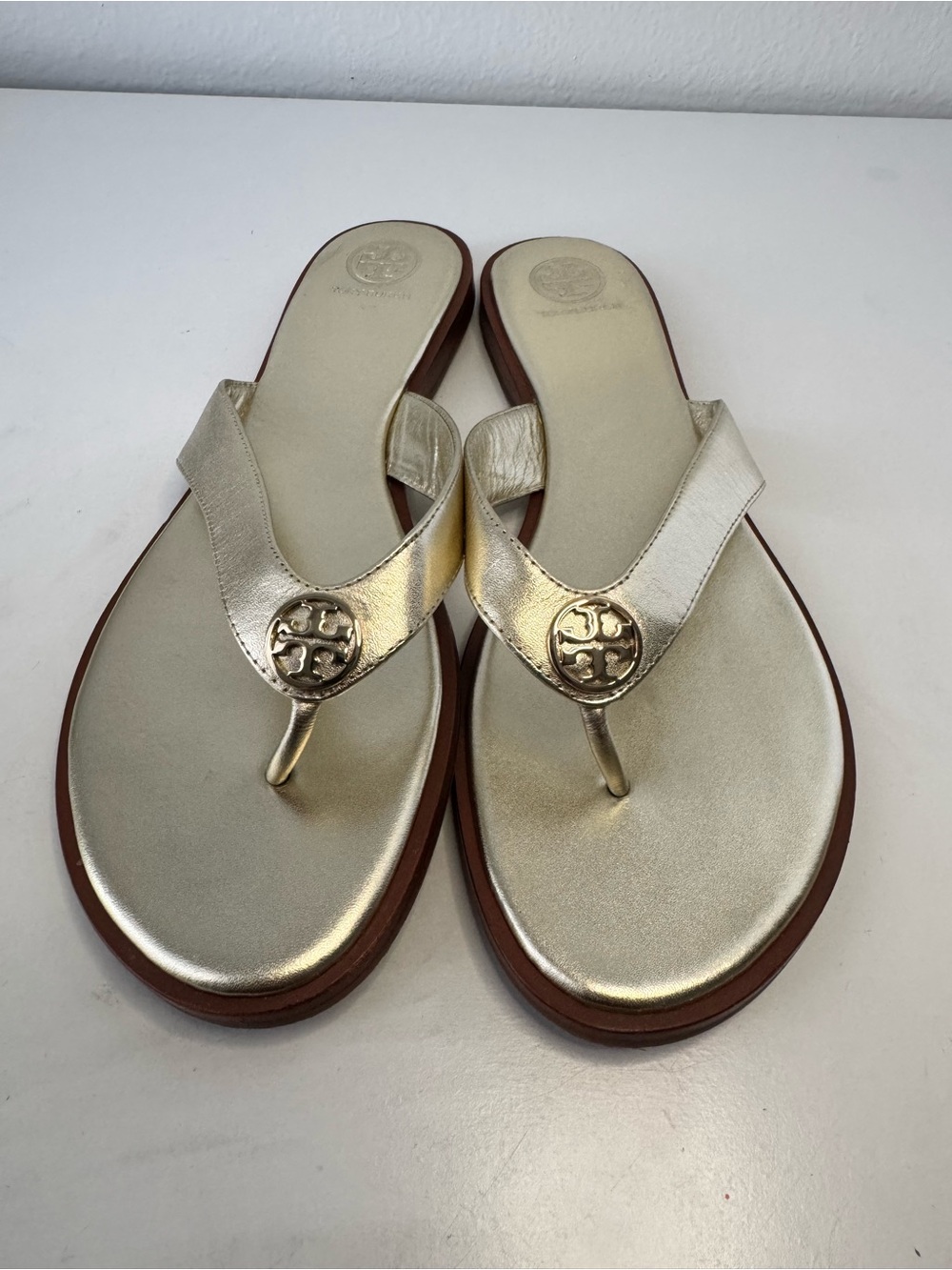 Tory Burch Metallic Gold Logo Thong Sandals